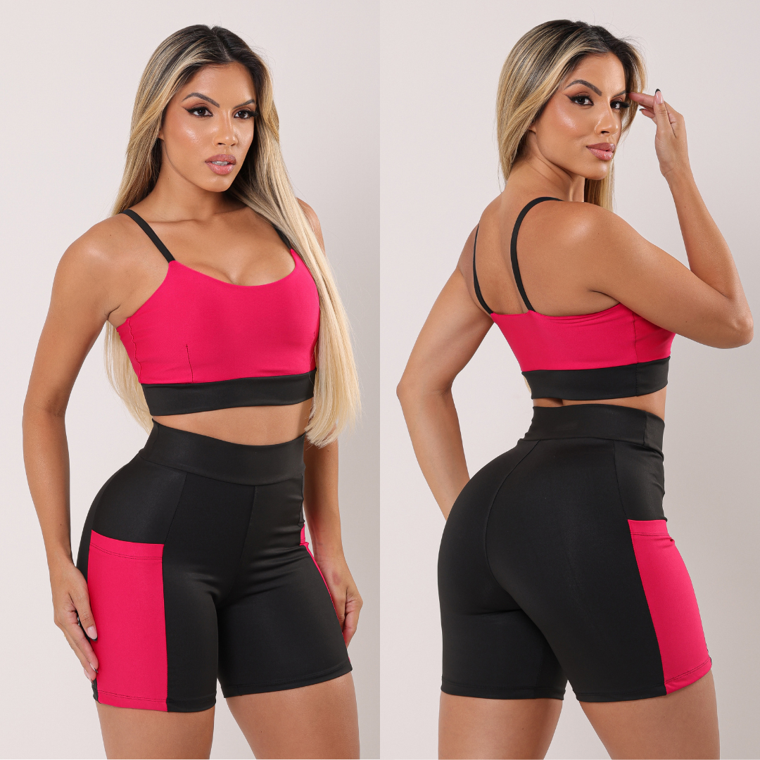 Conjunto Fitness Short com Bolso e Top Duplo Cintura Alta