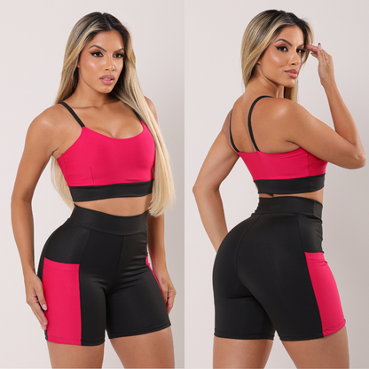 Conjunto Fitness Short com Bolso e Top Duplo Cintura Alta