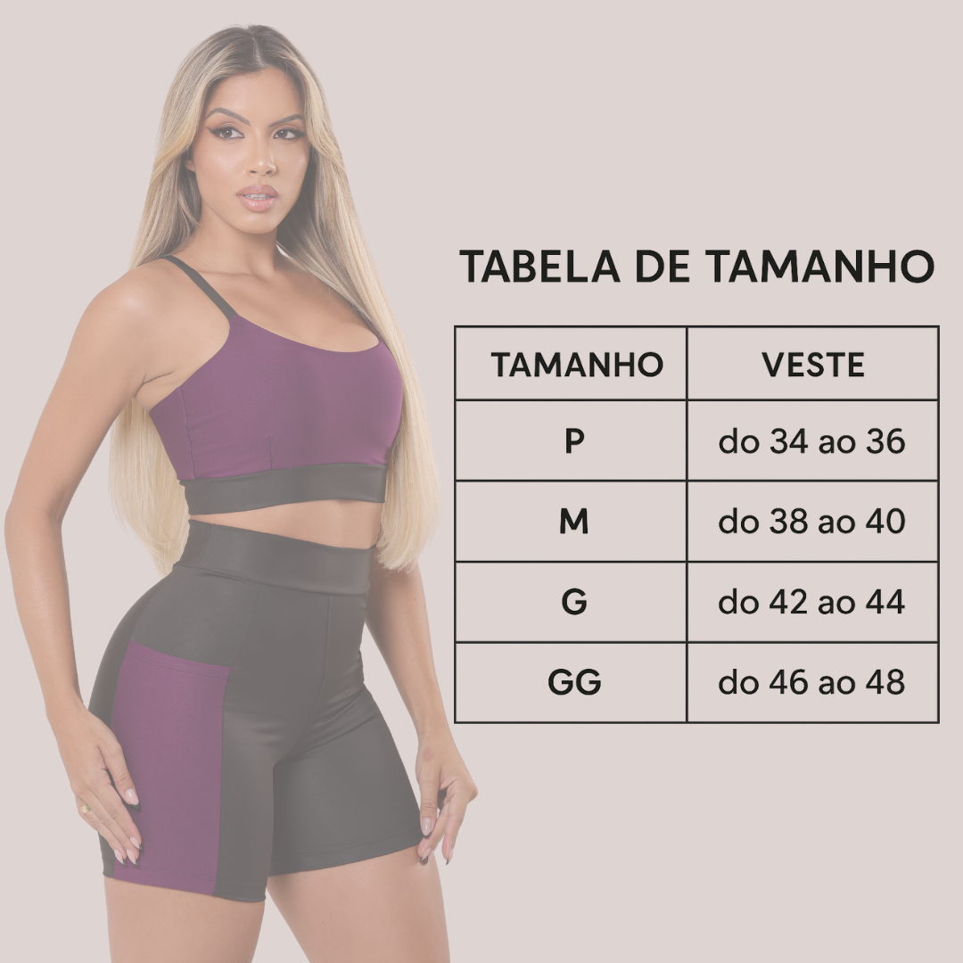 Conjunto Fitness Short com Bolso e Top Duplo Cintura Alta