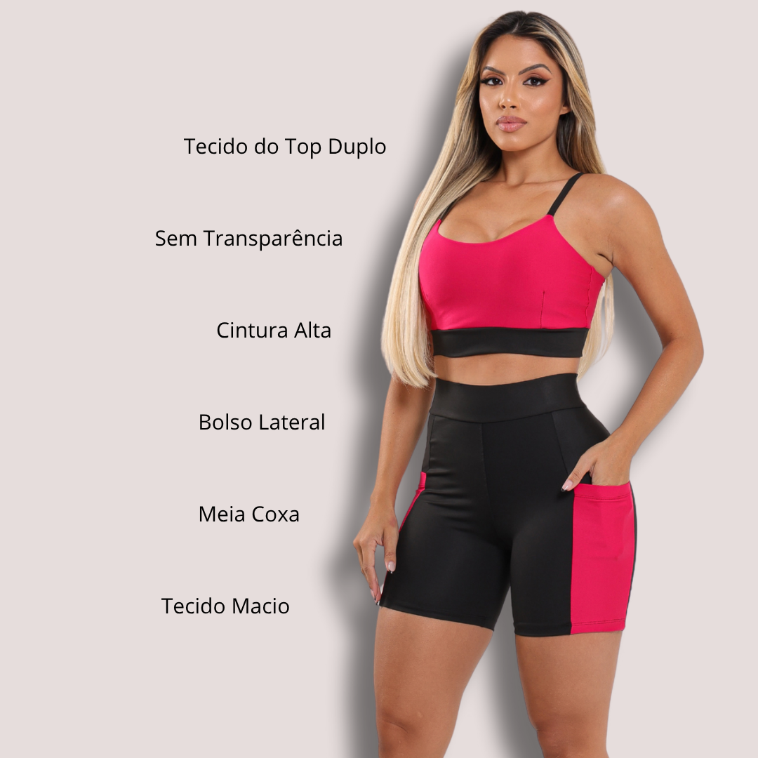 Conjunto Fitness Short com Bolso e Top Duplo Cintura Alta