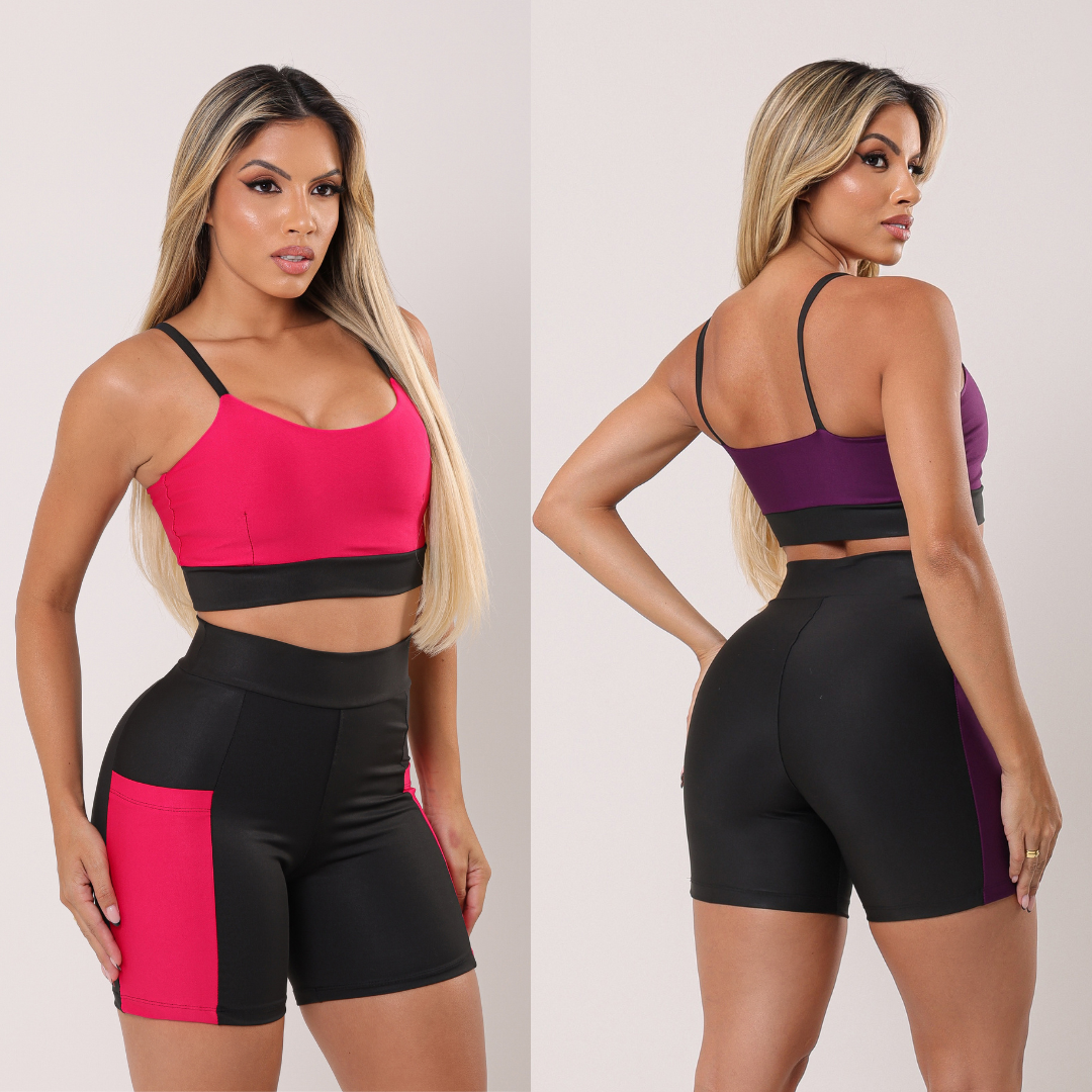 Conjunto Fitness Short com Bolso e Top Duplo Cintura Alta