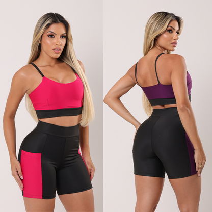 Conjunto Fitness Short com Bolso e Top Duplo Cintura Alta
