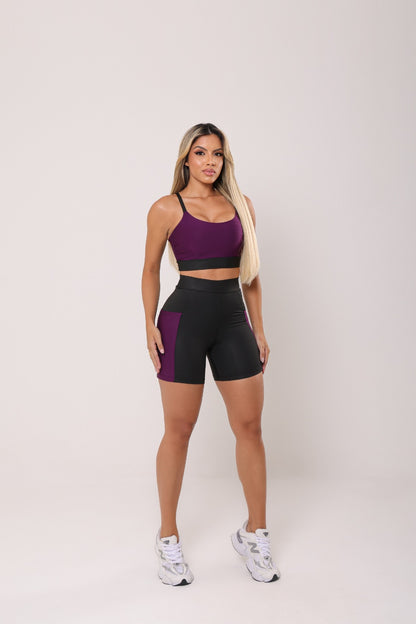 Conjunto Fitness Short com Bolso e Top Duplo Cintura Alta