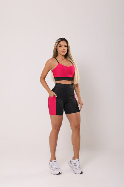 Conjunto Fitness Short com Bolso e Top Duplo Cintura Alta