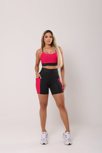 Conjunto Fitness Short com Bolso e Top Duplo Cintura Alta