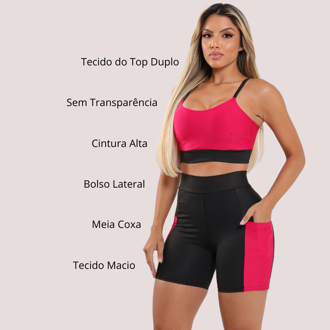 Conjunto Fitness Short com Bolso e Top Duplo Cintura Alta